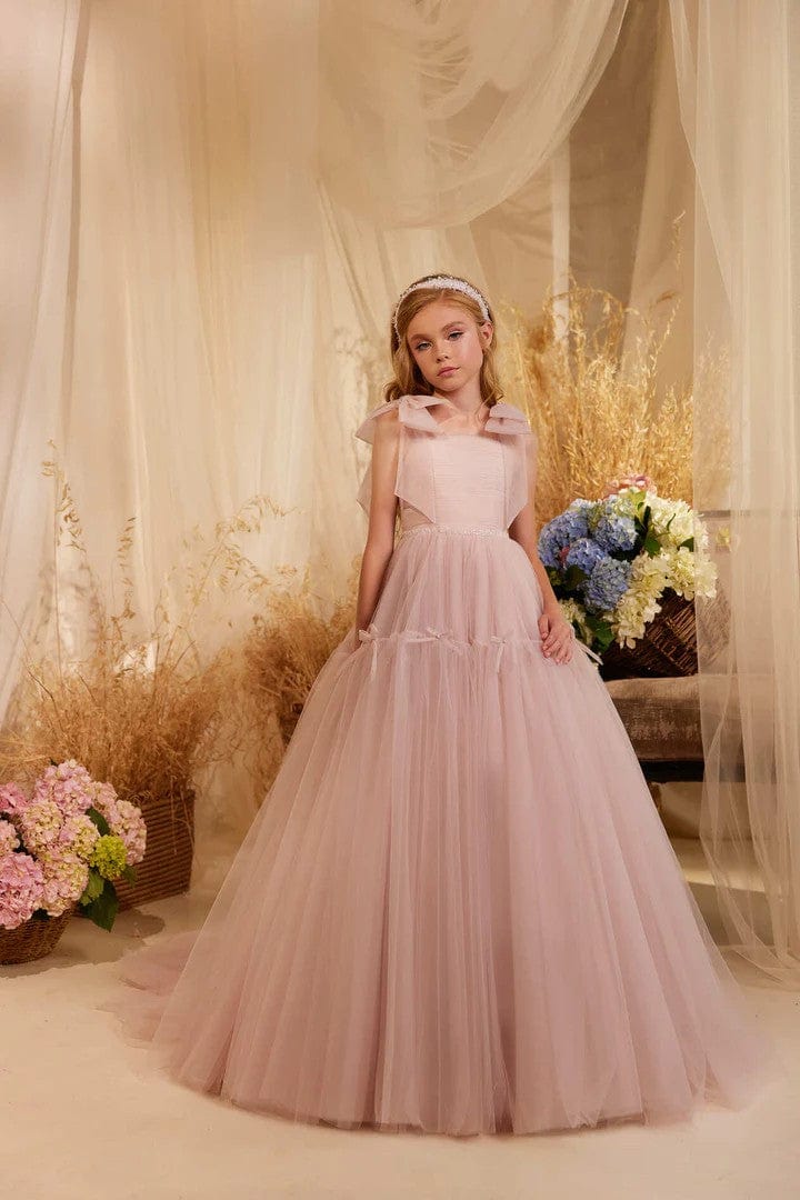Sunnypetal Tulle Long Princess Birthday Pageant Dress Off-The-Shoulder Bow  Beaded Flower Girl Dresses