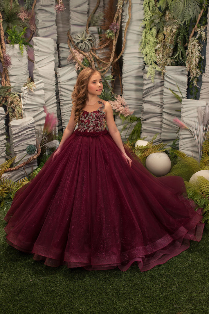 3m / Burgundy Sunnypetal Burgundy Glitter Tulle Flower Girl Dresses with Embroidery Appliques