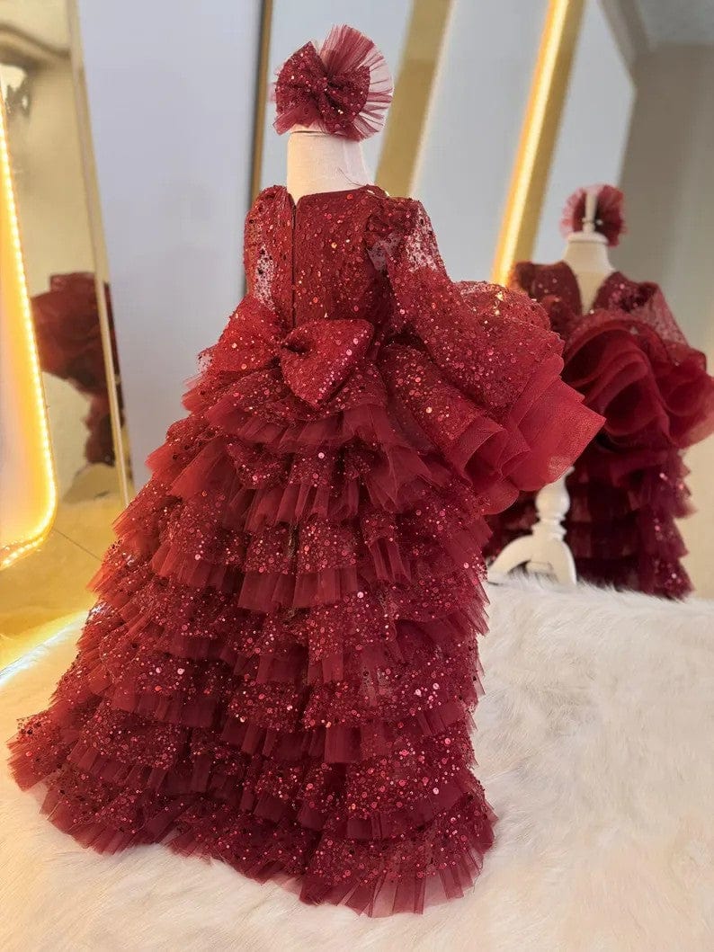 3m / Burgundy Sunnypetal Burgundy Long Sleeves V-Neck Sequin Toddler Girl Glitz Tulle Dress