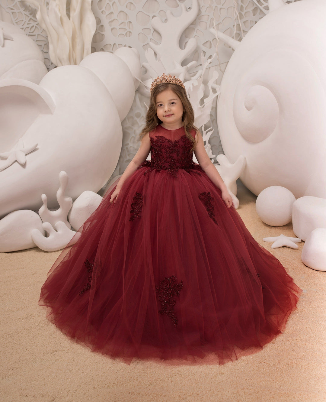 3m / Burgundy Sunnypetal Burgundy Puffy Tulle Flower Girl Dresses Lace Appliques Sleeveless Kids Ball-Gown