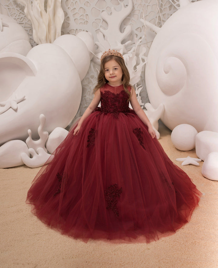 3m / Burgundy Sunnypetal Burgundy Puffy Tulle Flower Girl Dresses Lace Appliques Sleeveless Kids Ball-Gown