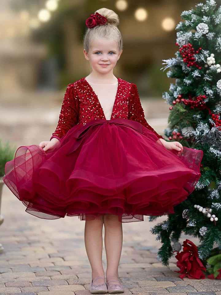 3m / Burgundy Sunnypetal Long Sleeves V-Neck Sequins Knee-Length Pageant Party Prom Ball Gown