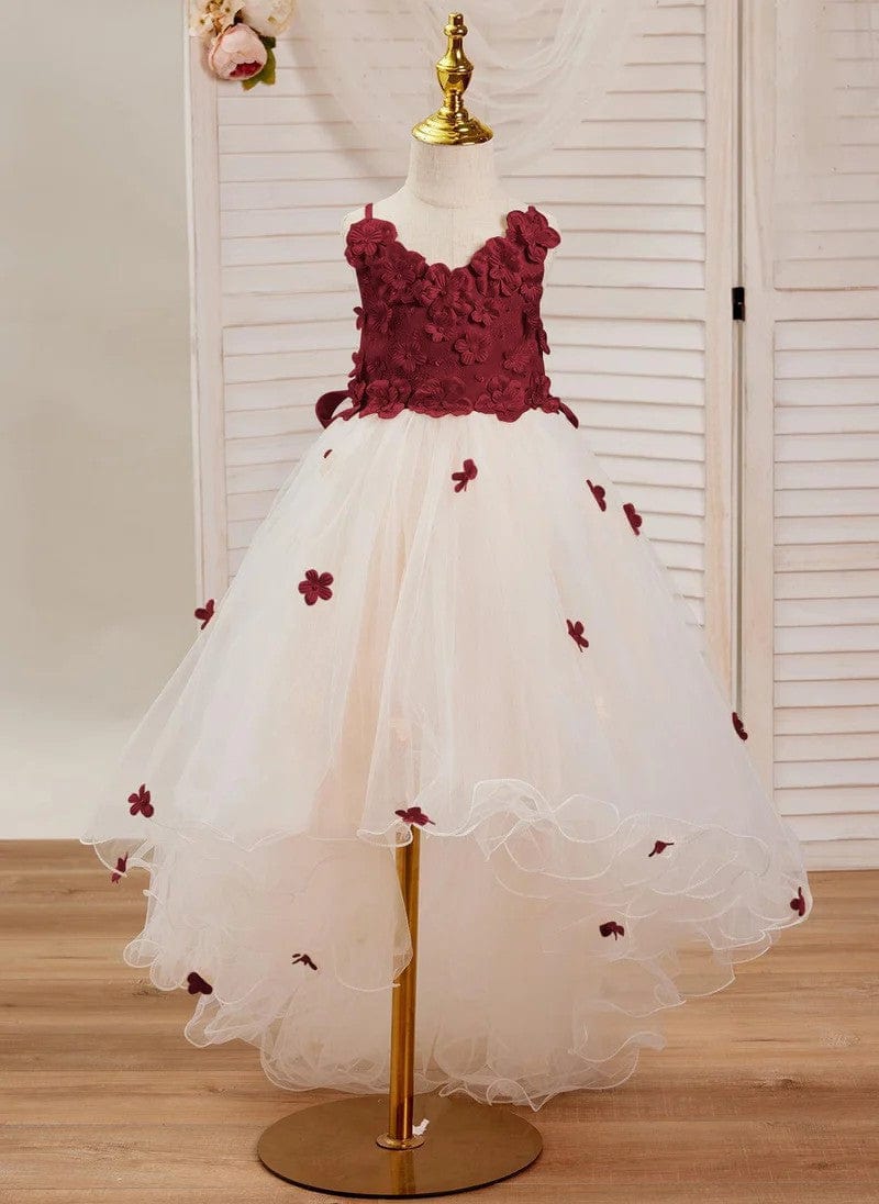 3m / Burgundy Sunnypetal Pink 3D Flower Sleeveless Tulle Asymmetrical Flower Girl Dress