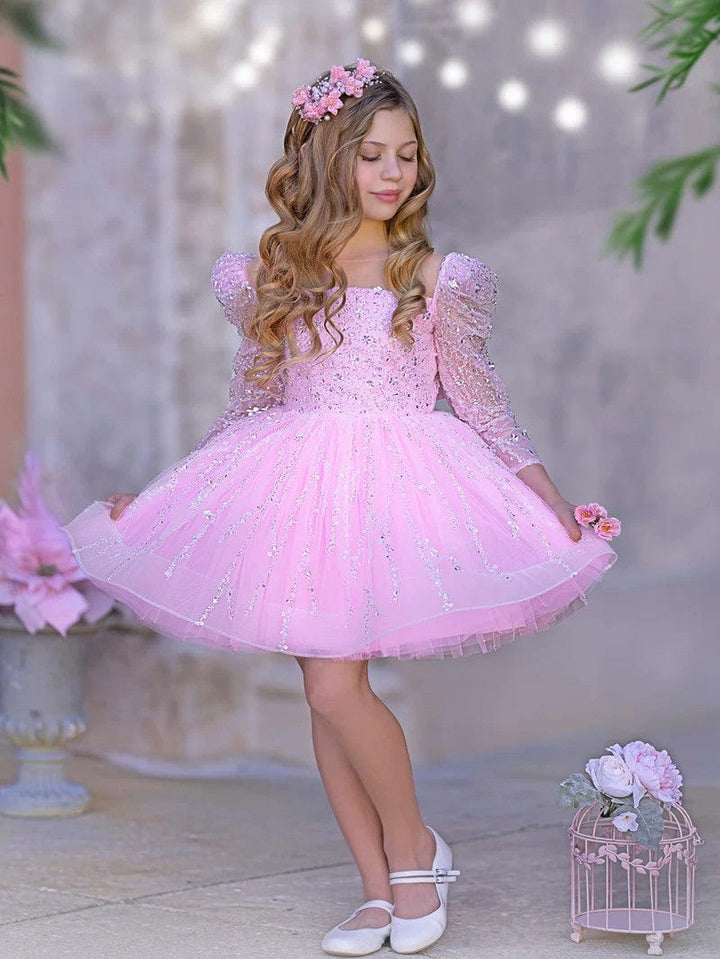 3m / Candy Pink Sunnypetal Pink Sequin Long Sleeves Knee-Length Prom Birthday Flower Girl Dresses