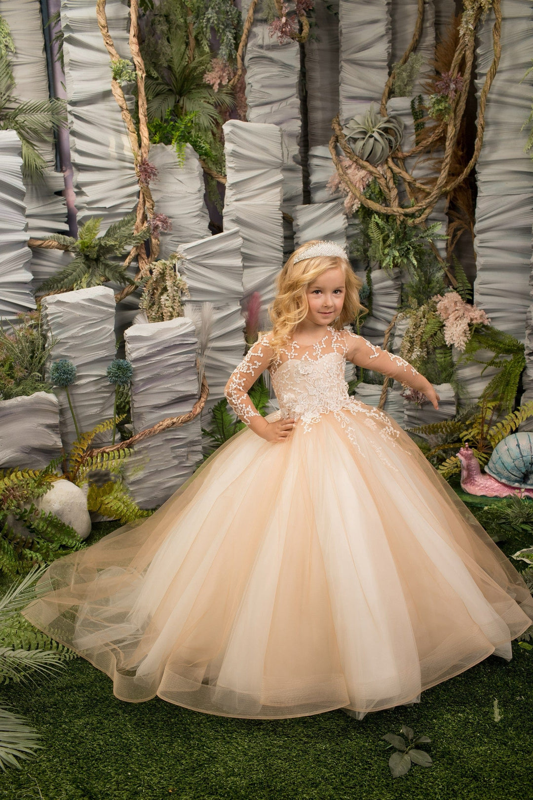 3m / Cappuccino and ivory Sunnypetal Long Sleeves Floral Appliques Soft Tulle Wedding Flower Girl Dresses with Train