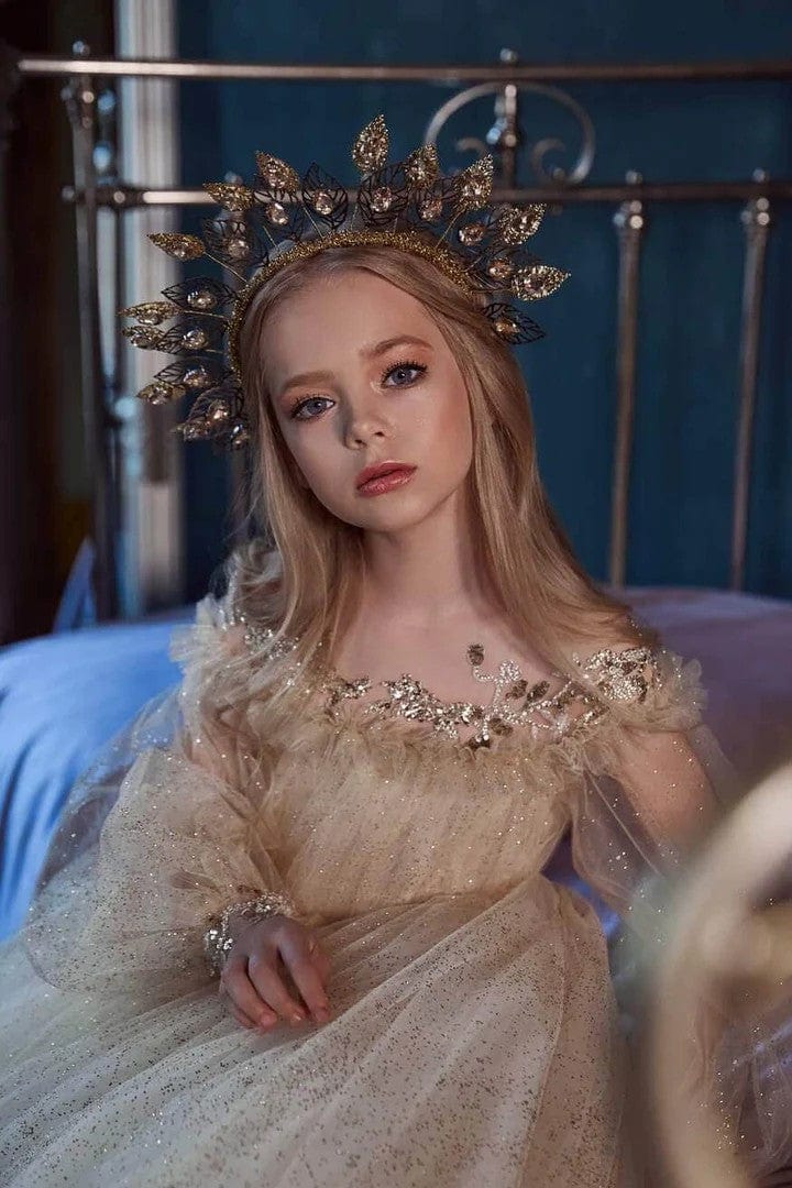 3m / Cappuccino Sunnypetal Sparkly Puff Sleeves Long Tulle Flower Girl Dresses with Rhinestones