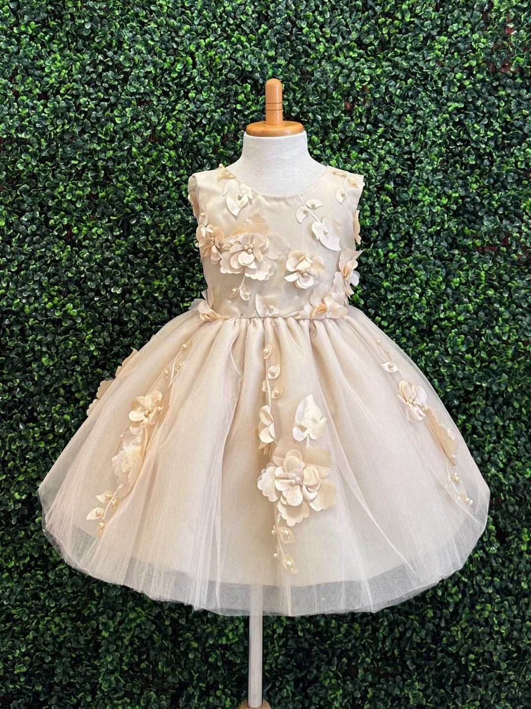 3m / Champagne Sunnypetal Champagne 3D Floral Tulle Knee Length Flower Girl Dress with Satin Bow