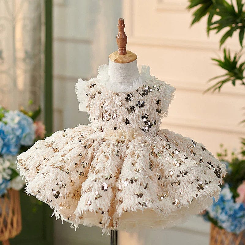 3m / Champagne Sunnypetal Champagne Feather Sequin Knee-Length Flower Girl Dresses
