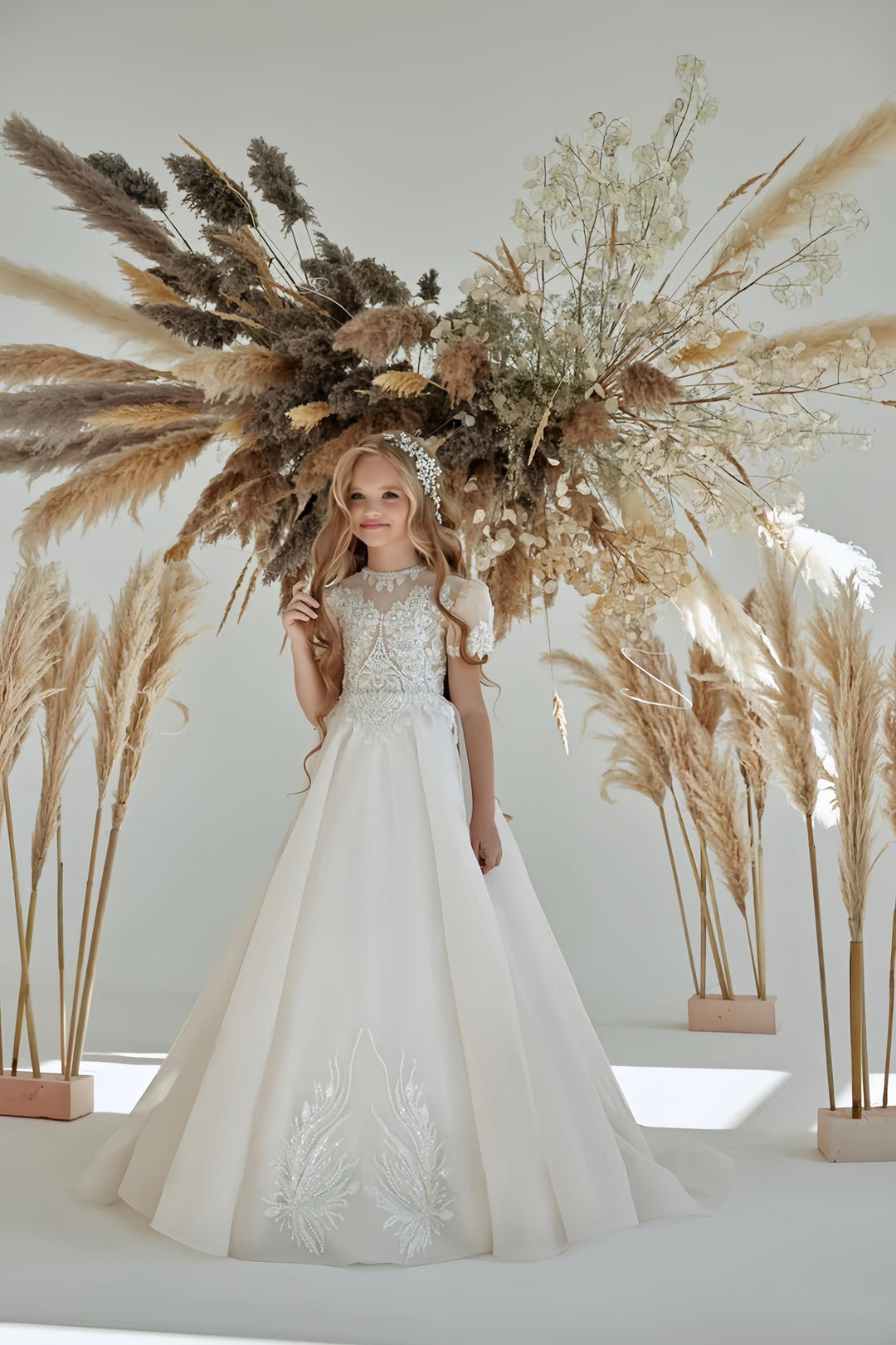 3m / Champagne Sunnypetal Champagne Floral Appliques A-Line Glitter Tulle Flower Girl Dress
