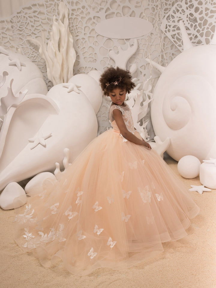 3m / Champagne Sunnypetal Champagne Sleeveless Appliques Long Princess Train Flower Girl Dresses with 3D Butterfly