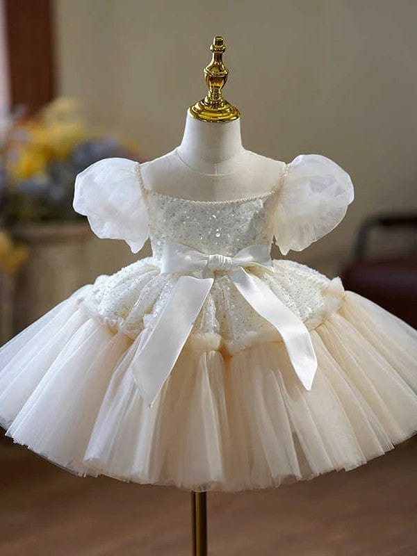 3m / Champagne Sunnypetal Champagne Tulle Flower Girl Dresses with Puff Sleeves / Sequin / Bow