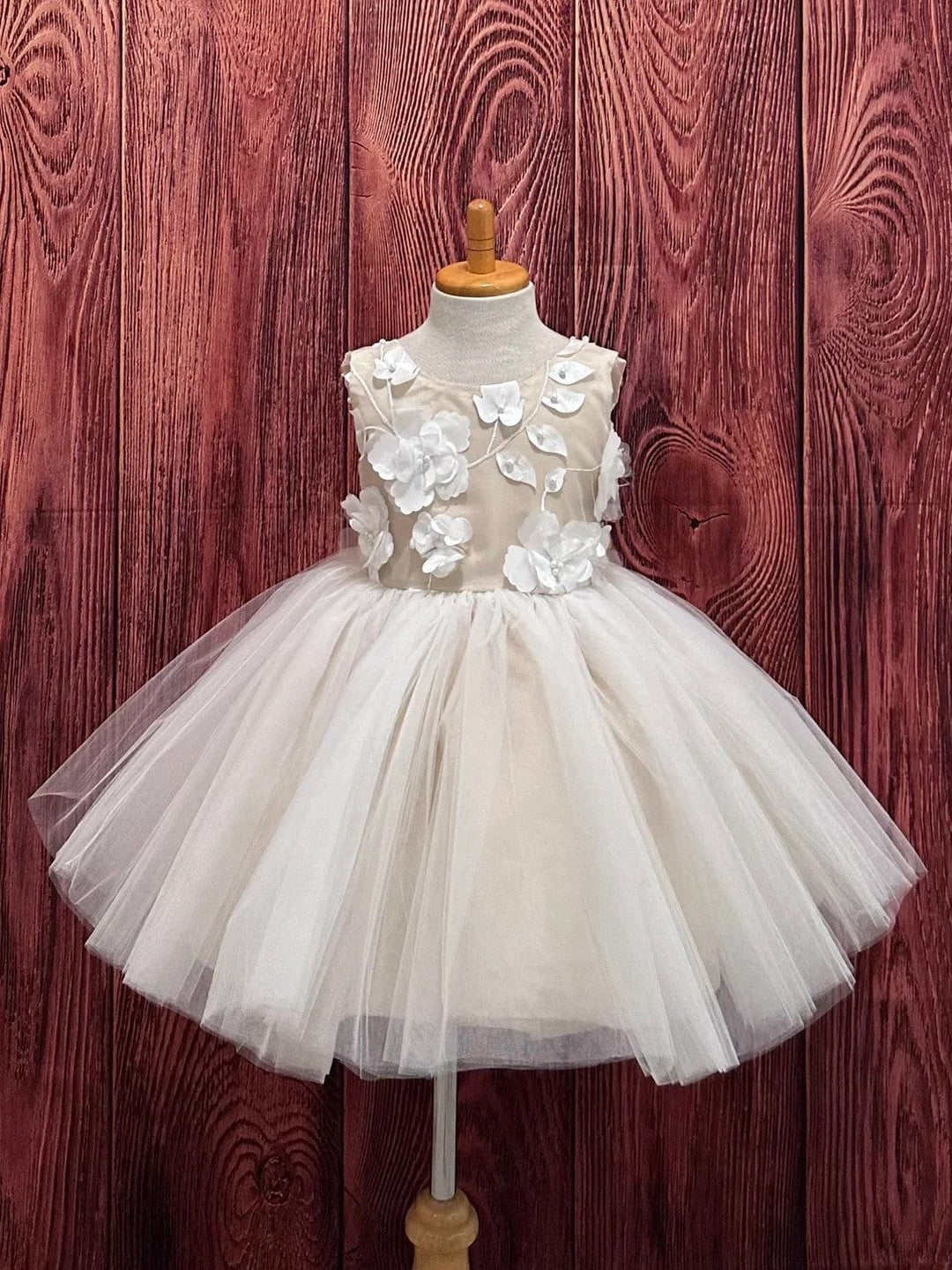 3m / Champagne Sunnypetal Champagne V-Back Puff Tulle Flower Girl Dresses with 3D Floral Big Bow