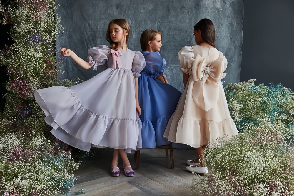 3m / Champagne Sunnypetal Elegant Ankle-Length Puff Sleeves Flower Girl Dresses with Big Bow