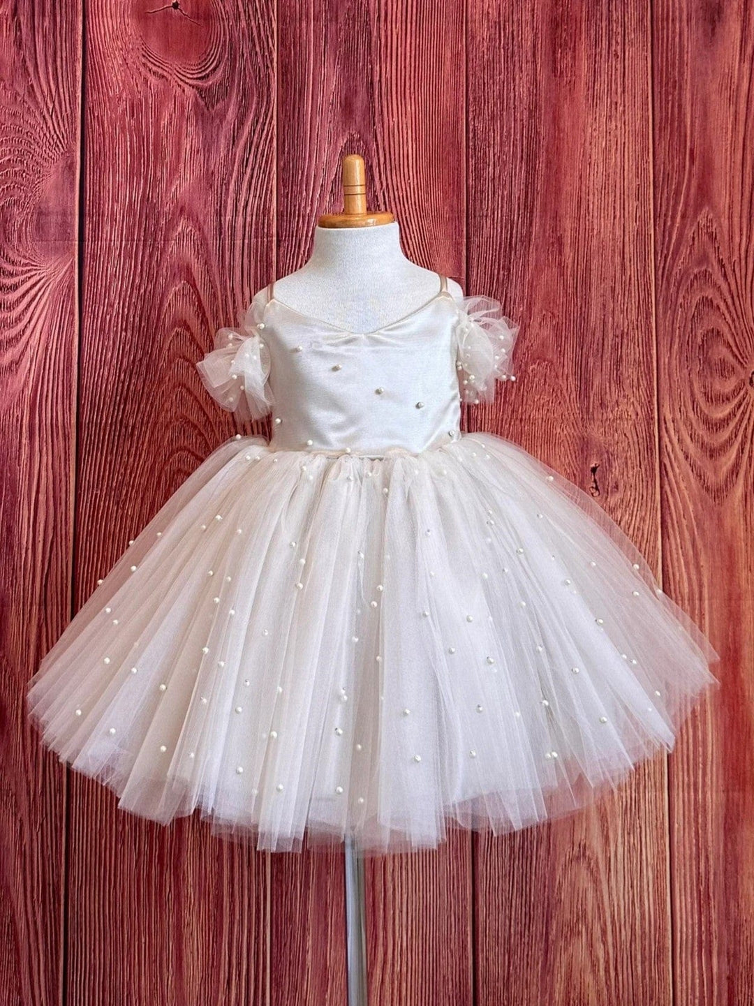 3m / Champagne Sunnypetal Elegant Champagne Pearls Tulle Knee Length Flower Girl Pageant Birthday Dress