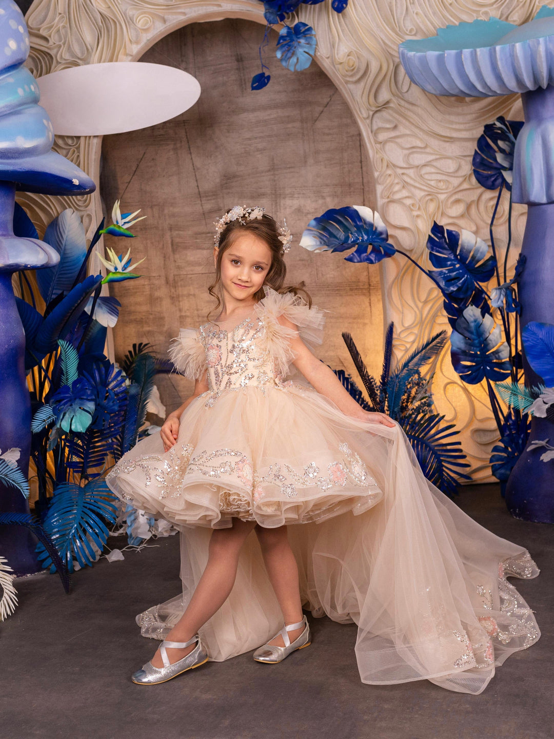 3m / Champagne Sunnypetal Enchanted Champagne High-Low Tulle Flower Girl Gown with Feathered Shoulders