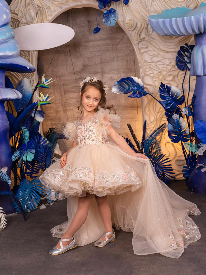 3m / Champagne Sunnypetal Enchanted Champagne High-Low Tulle Flower Girl Gown with Feathered Shoulders