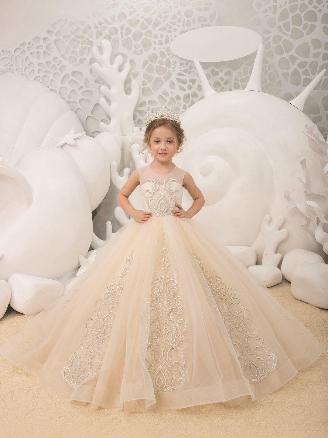 3m / Champagne Sunnypetal Exquisite Tulle Flower Girl Dresses Lace Embroidery Appliques Wedding Pageant Dress