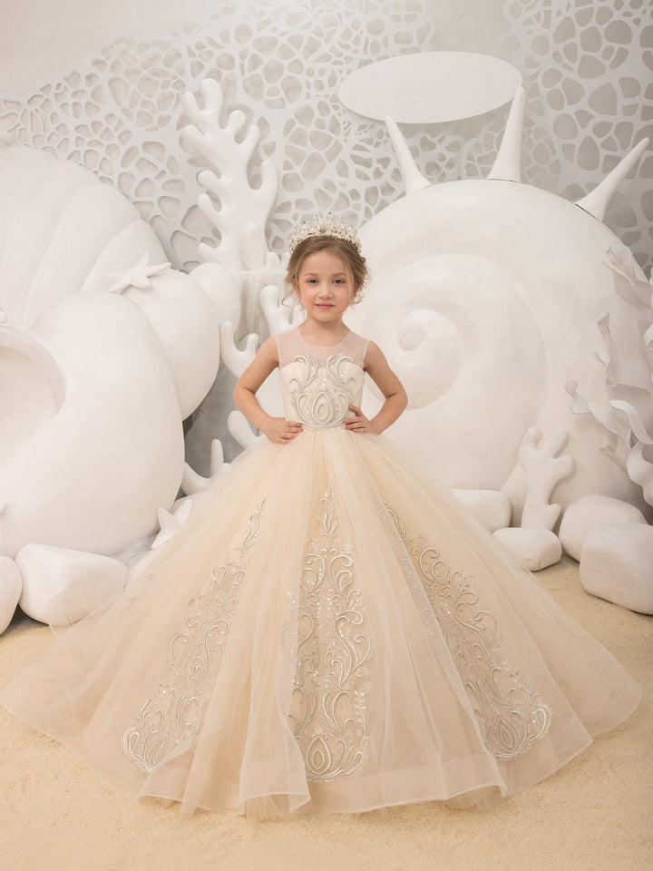 3m / Champagne Sunnypetal Exquisite Tulle Flower Girl Dresses Lace Embroidery Appliques Wedding Pageant Dress