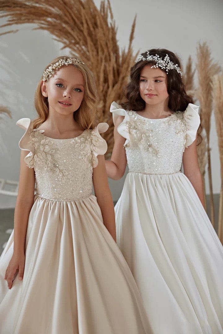3m / Champagne Sunnypetal Flutter Sleeve Long Satin Flower Girl Dresses for Special Occasion