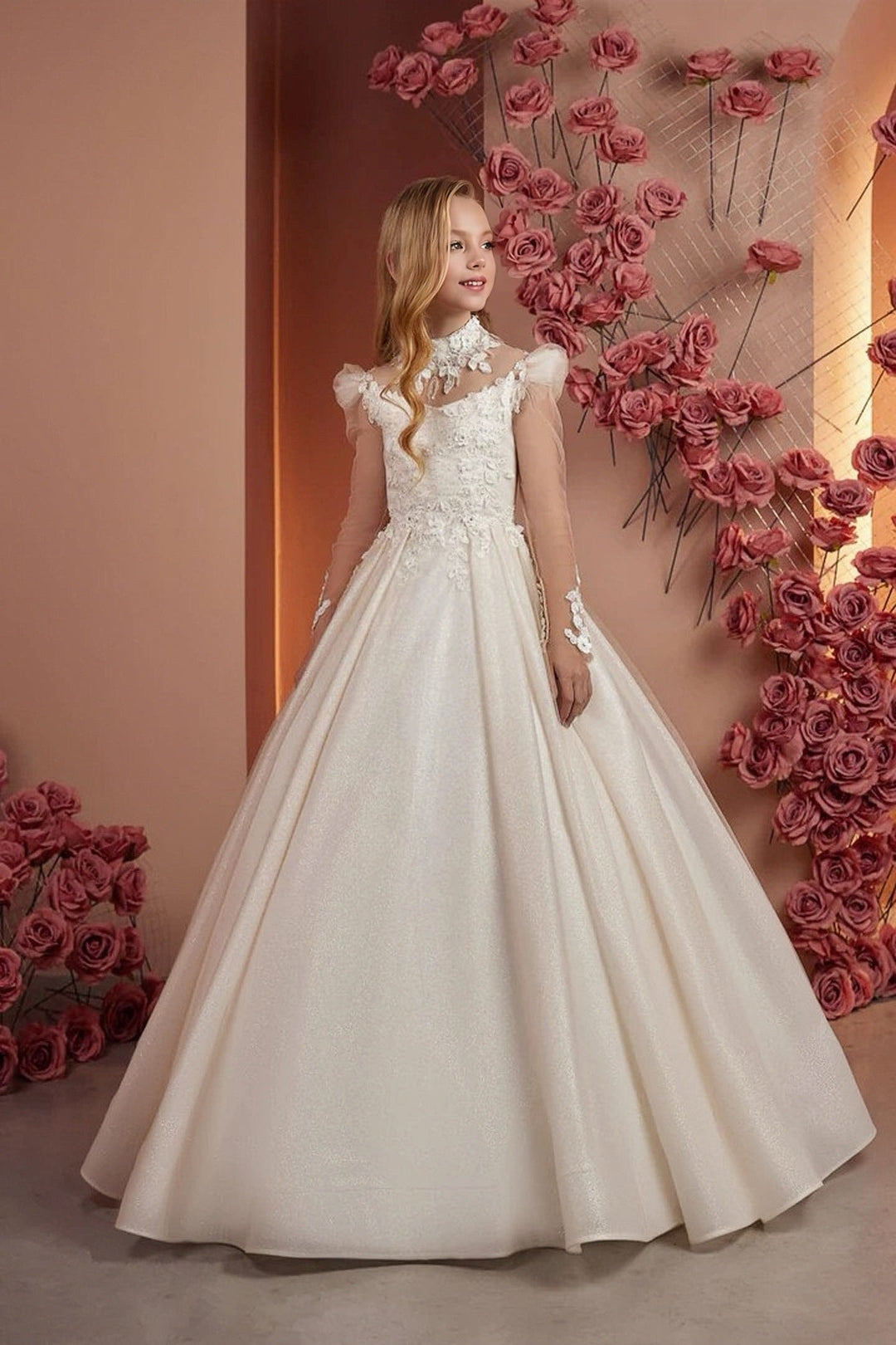 3m / Champagne Sunnypetal Glitter Tulle Floral Appliques A-Line Flower Girl Dresses with Long Sleeves