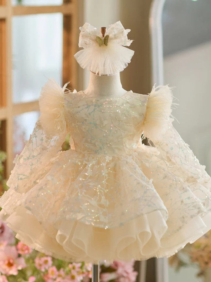 3m / Champagne Sunnypetal Long Sleeves Cascading Ruffles Sequins Knee-Length Flower Girl Dresses with Bow