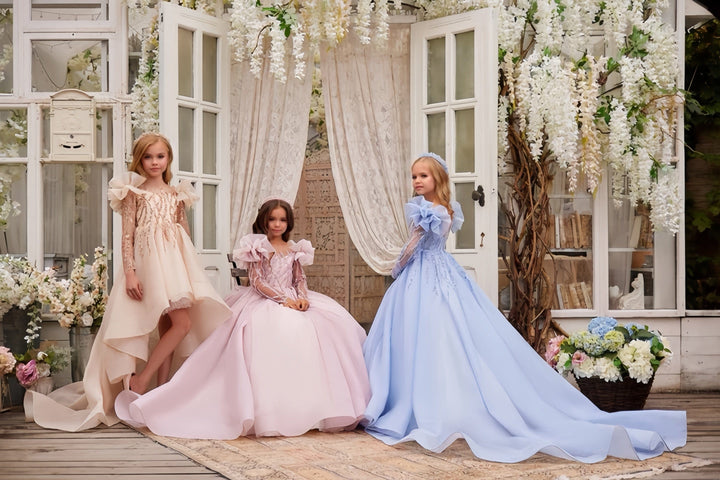 3m / Champagne Sunnypetal Luxurious Prom Pageant Dinners Gown Tulle Oversized Puff Shoulder Flower Girl Dresses