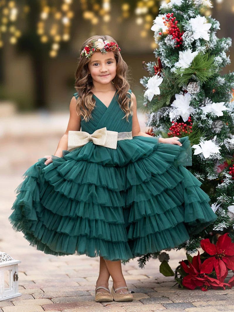 3m / Dark Green Sunnypetal Dark Green V-Neck Tulle Ruffled Flower Girl Dresses with Gold Bow