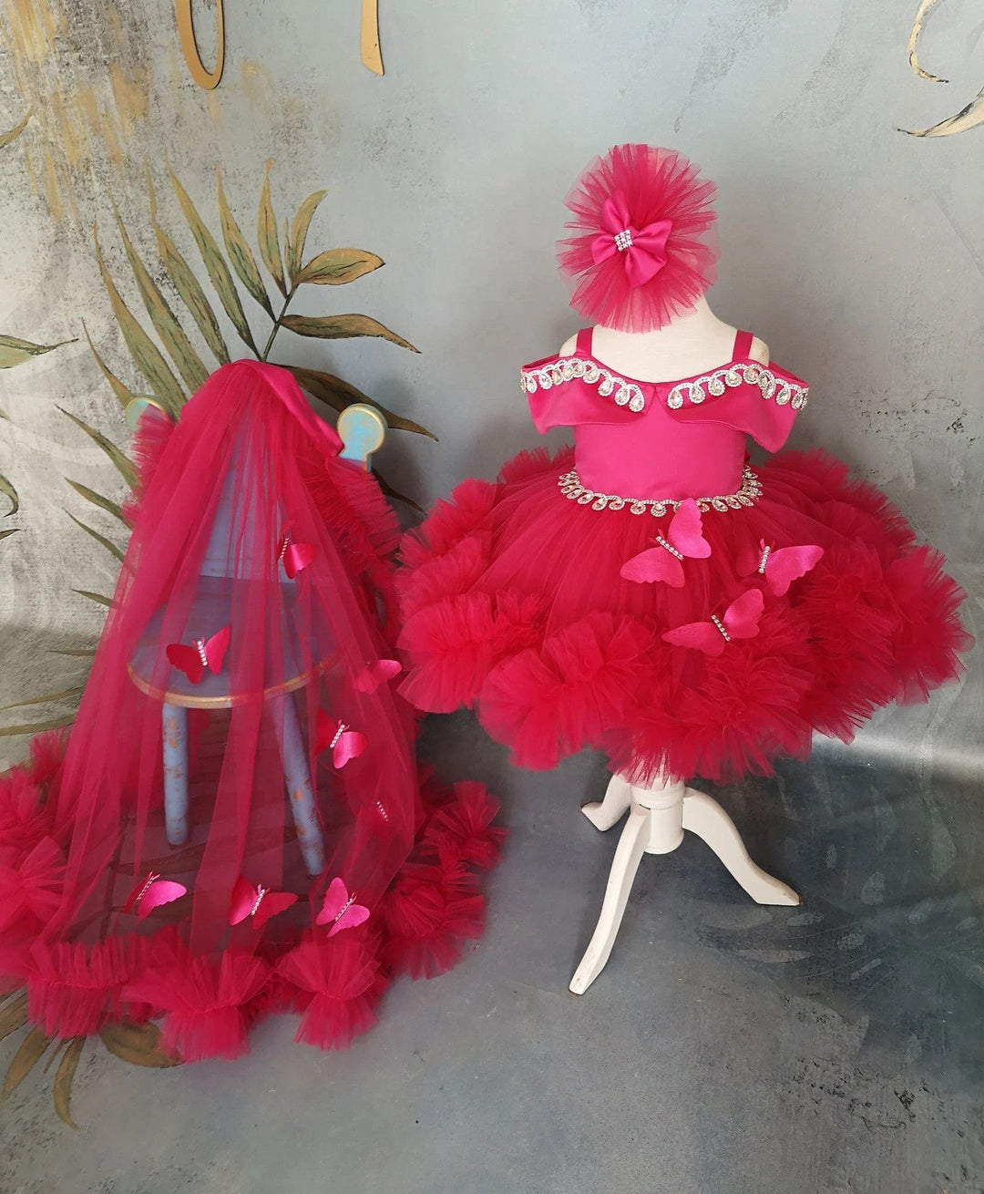 3m / Dark Pink Sunnypetal Dark Pink Off-Shoulder Baby Toddler Girl Dresses with Crystal&3D Butterfly