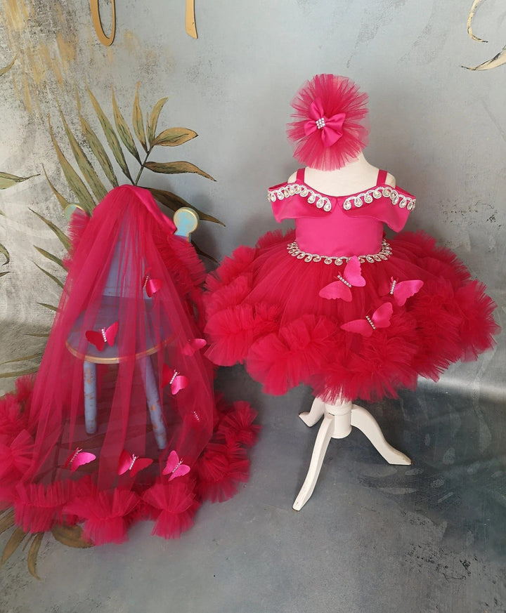 3m / Dark Pink Sunnypetal Dark Pink Off-Shoulder Baby Toddler Girl Dresses with Crystal&3D Butterfly