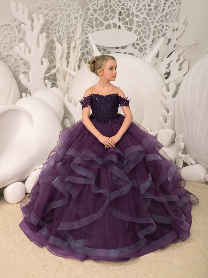 3m / Dark Purple Sunnypetal Dark Purple Puffy Tulle Flower Girl Dress Off-The-Shoulder Beading Sequins Pageant Gown