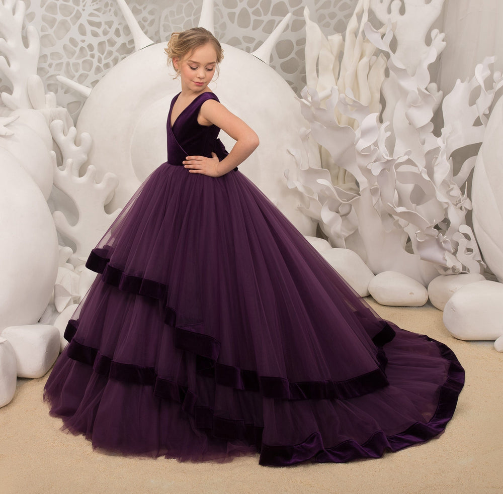 3m / Dark Purple Sunnypetal Dark Purple Velvet V-Neck Bodice Layered Tulle Flower Girl Dresses with Bow