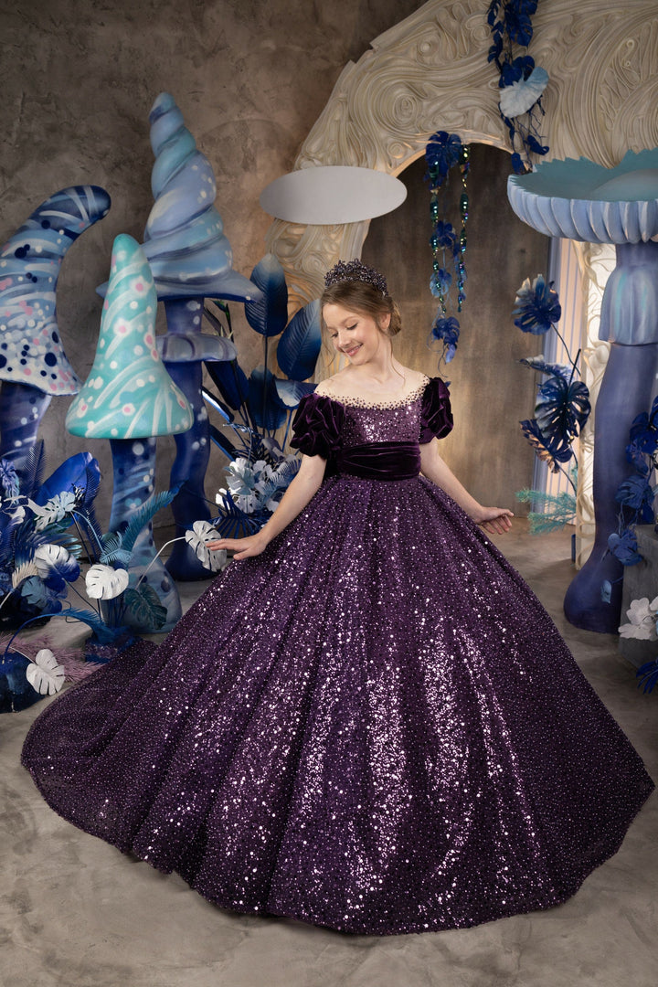 3m / Deep Purple Sunnypetal Deep Purple Sequins Flower Girl Dresses with Velvet Puff Sleeves/Bow
