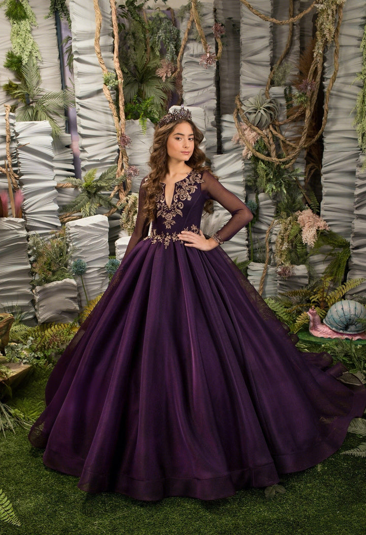 3m / Deep Purple Sunnypetal Deep Purple Tulle Flower Girl Dresses V-Neck Gold Embroidery Pageant Ball-Gown