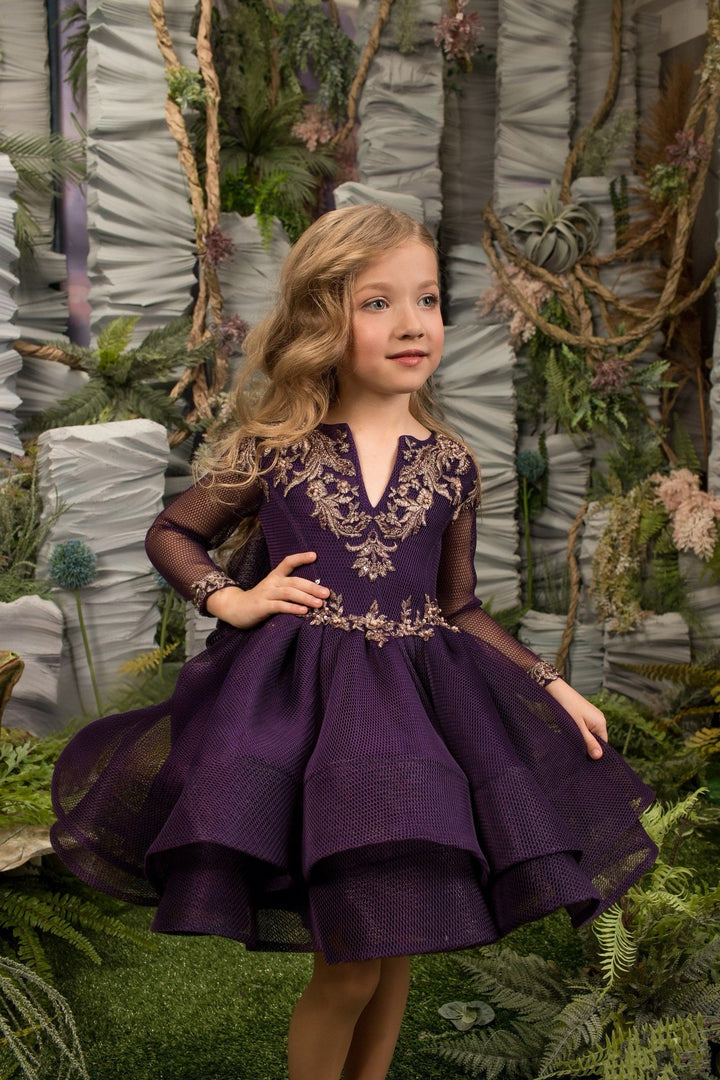 3m / Deep Purple Sunnypetal Exquisite Long Sleeves Gold Embroidery V-Neck Knee-Length Flower Girl Dress with Bow