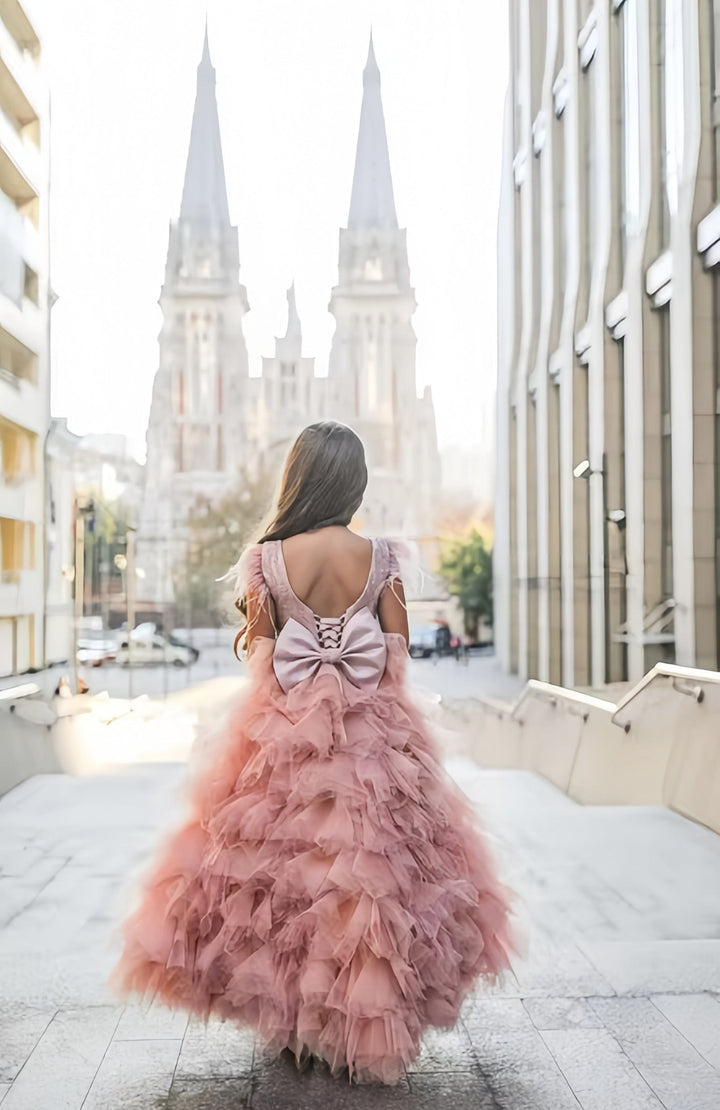 3m / Dusty Pink Sunnypetal Charming Pink Sequins Toddler Long Feather Pageant Birthday Tulle Flower Girl Dresses
