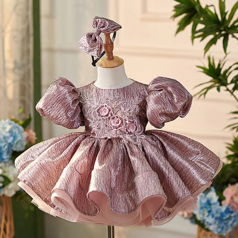 3m / Dusty Pink Sunnypetal Luxurious Dusty Pink Lace Appliques Ball-Gown 1st Birthday Girl Dress