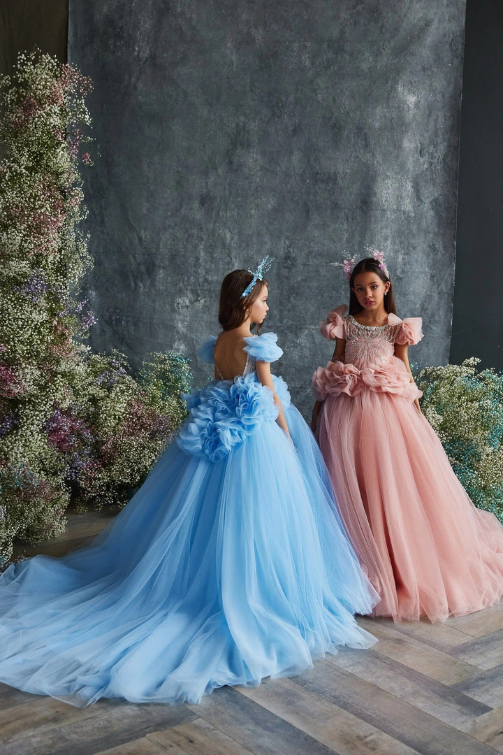 3m / Dusty Pink Sunnypetal Puff Sleeves Layered Tulle Flower Girl Pageant Gown with Elegant Train