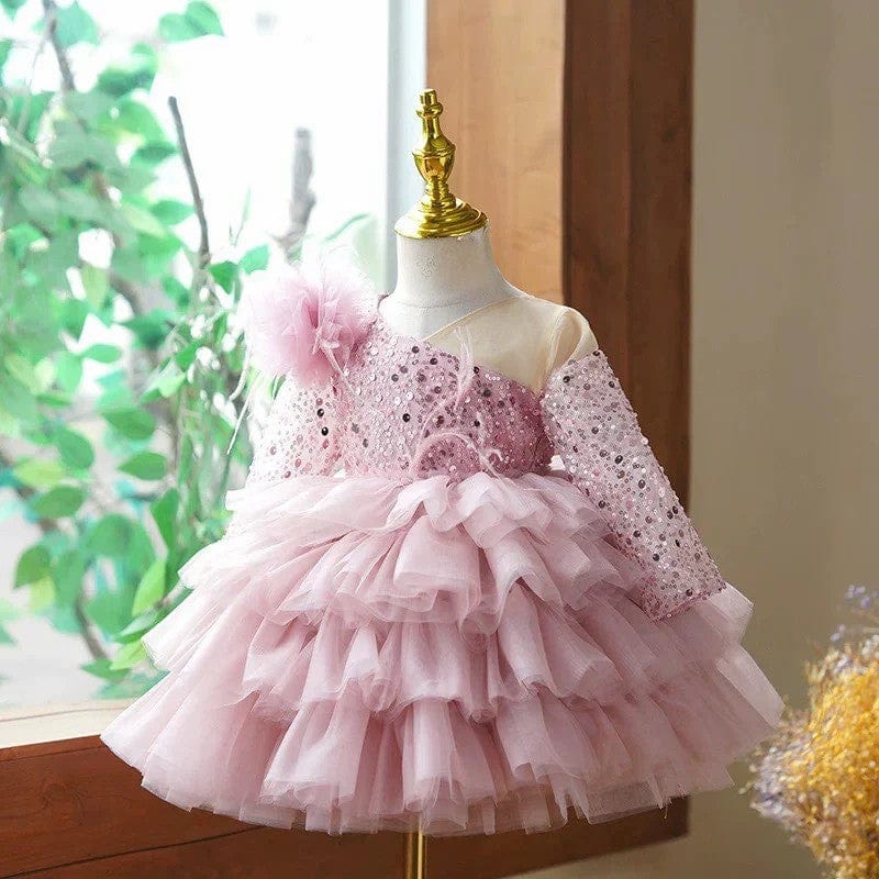 3m / Dusty Rose Sunnypetal Glitter Sequins Puffy Tulle Knee-Length Baby Girl Dress