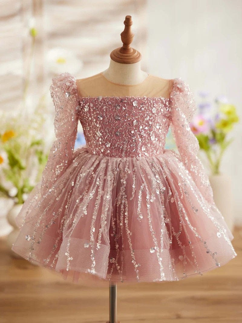 3m / Dusty Rose Sunnypetal Pink Sequin Long Sleeves Knee-Length Prom Birthday Flower Girl Dresses