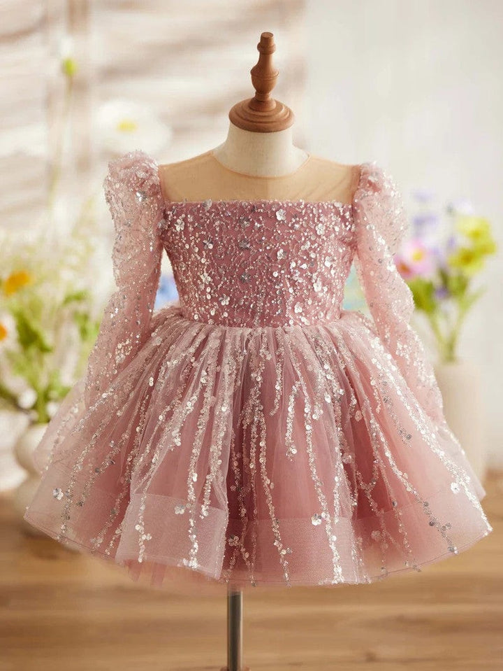 3m / Dusty Rose Sunnypetal Pink Sequin Long Sleeves Knee-Length Prom Birthday Flower Girl Dresses