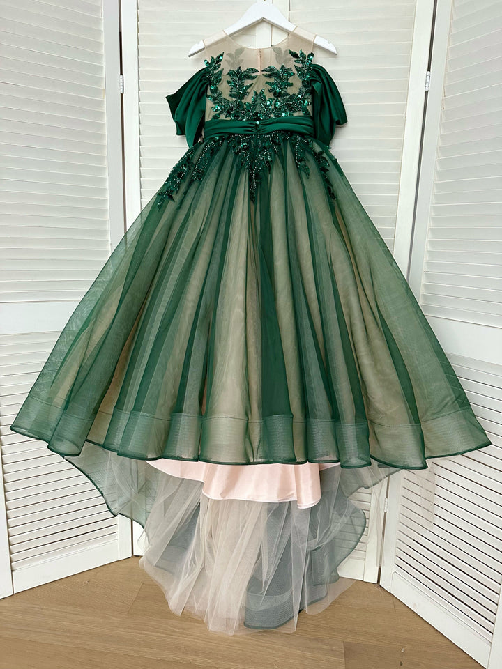 3m / Emerald Green Sunnypetal Flower Girls Princess Pageant Dreses Puffy Multi-Layer Tulle Ball Gown with Bow
