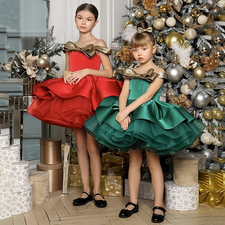 3m / Emerald Green Sunnypetal Gold Bow Off-Shoulder Ball Gown Ruffled Christmas Pageant Party Dress for Girls