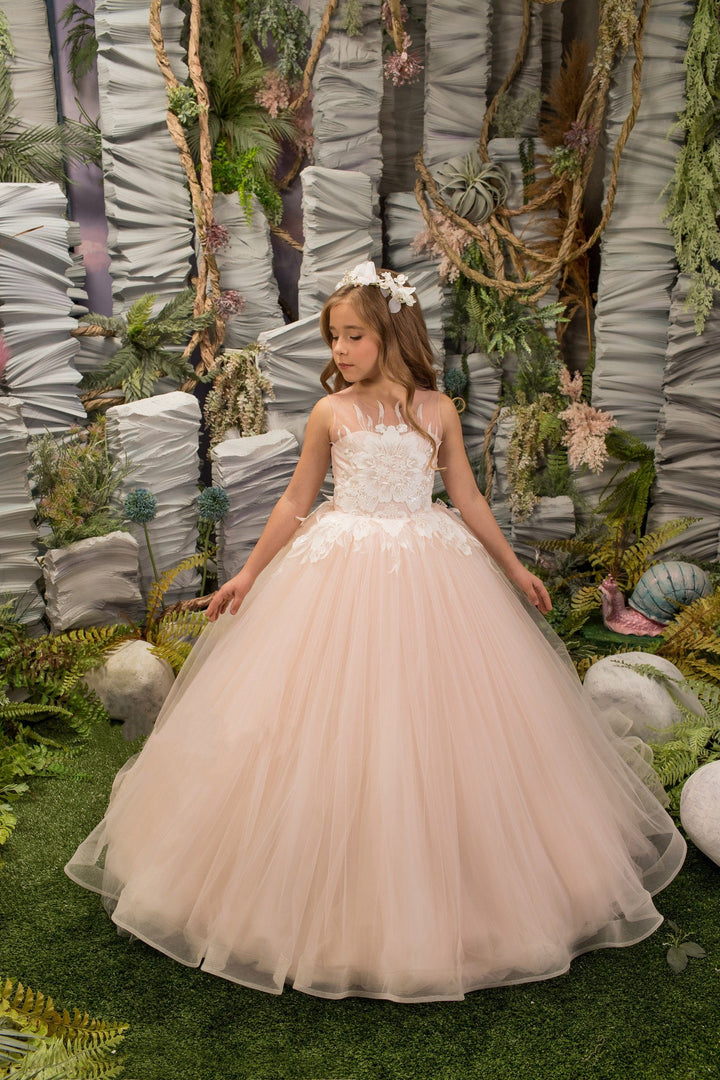 3m / Floral Sunnypetal Sleeveless Floral Appliques Sequins Long Princess Tulle Flower Girl Dresses