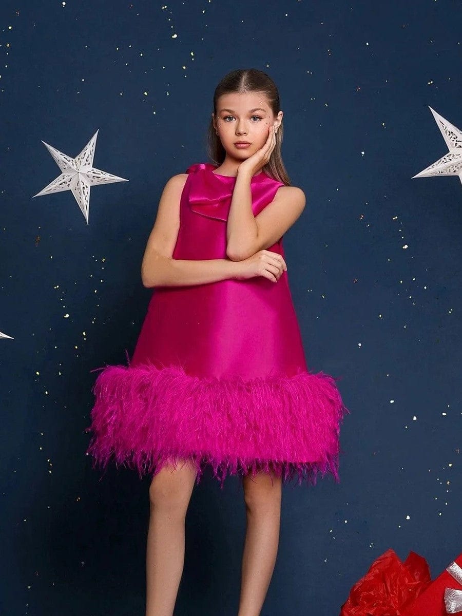 3m / Fuchsia Sunnypetal Elegant Pink Satin Sleeveless Flower Girl Dress with Feathers & Bow