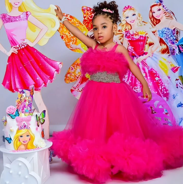 3m / Fuchsia Sunnypetal Fuchsia Spaghetti Straps Pleated Tiered Tulle Flower Girl Dresses Prom Gown