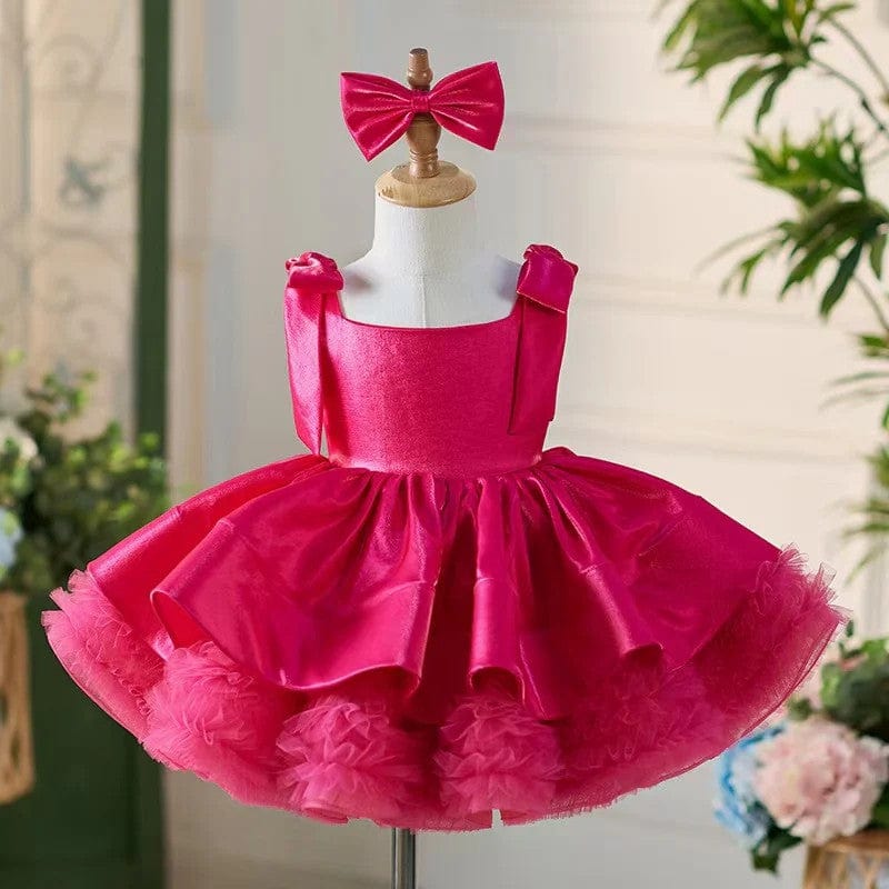 3m / Fuchsia Sunnypetal Satin/Tulle Square Collar Bows Baby Toddler Knee Length Girl Dress