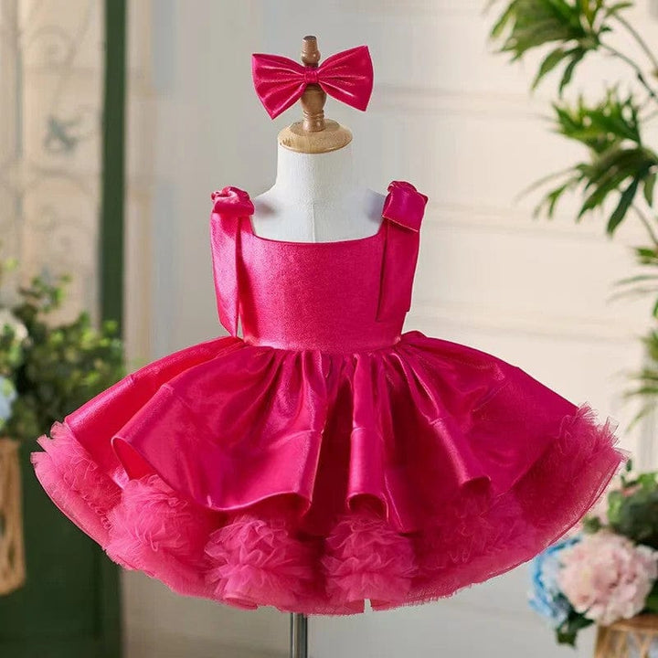 3m / Fuchsia Sunnypetal Satin/Tulle Square Collar Bows Baby Toddler Knee Length Girl Dress