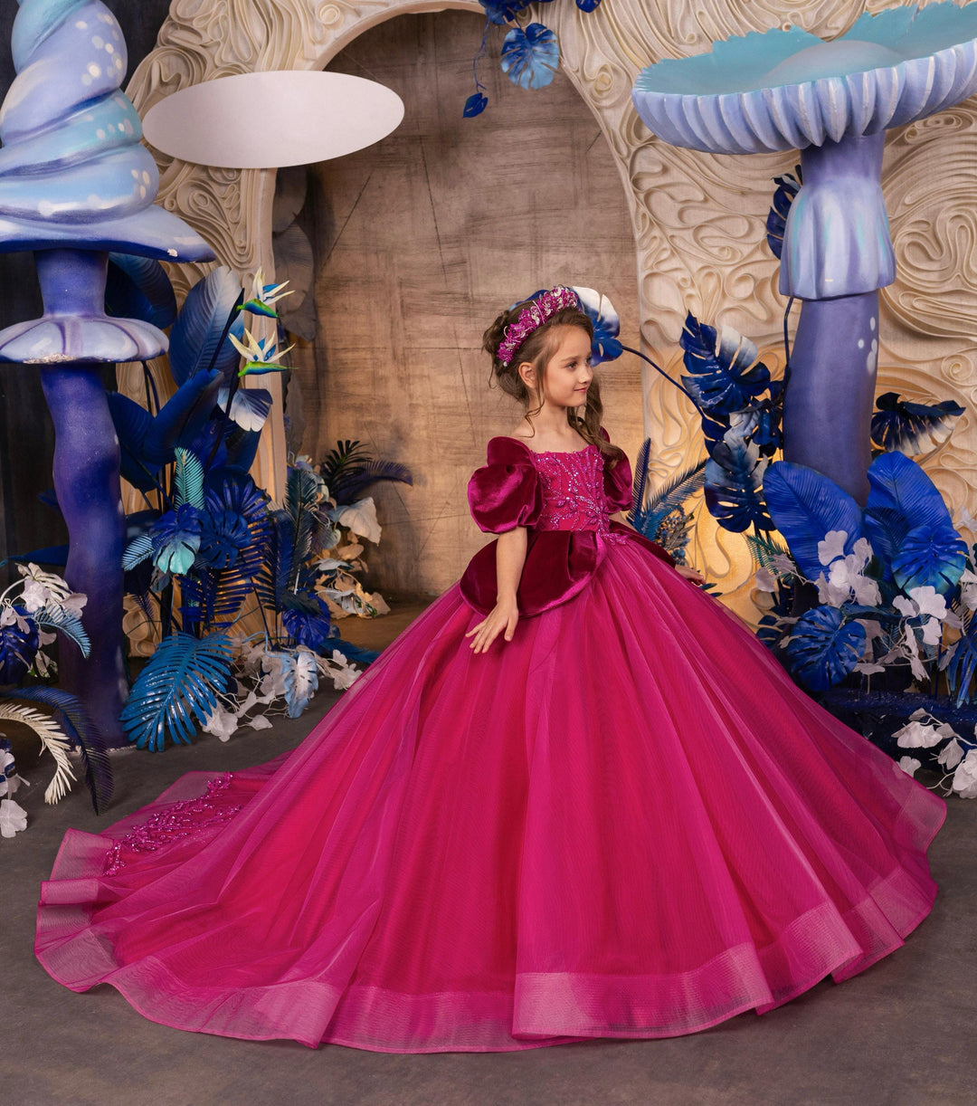 3m / Fuchsia Sunnypetal Stunning Fuchsia Long Tulle Flower Girl Dress Prom Pageant Gown with Puffy Sleeves