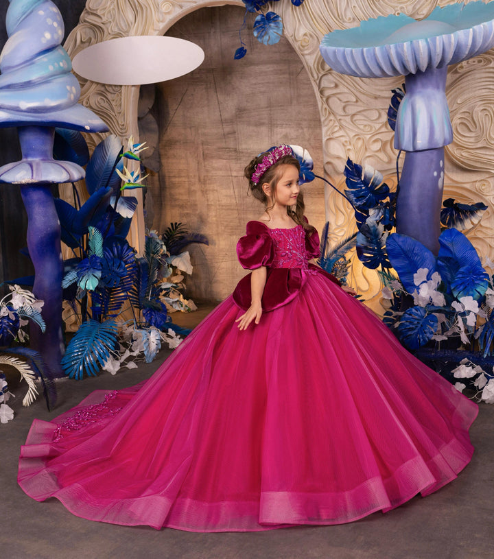 3m / Fuchsia Sunnypetal Stunning Fuchsia Long Tulle Flower Girl Dress Prom Pageant Gown with Puffy Sleeves