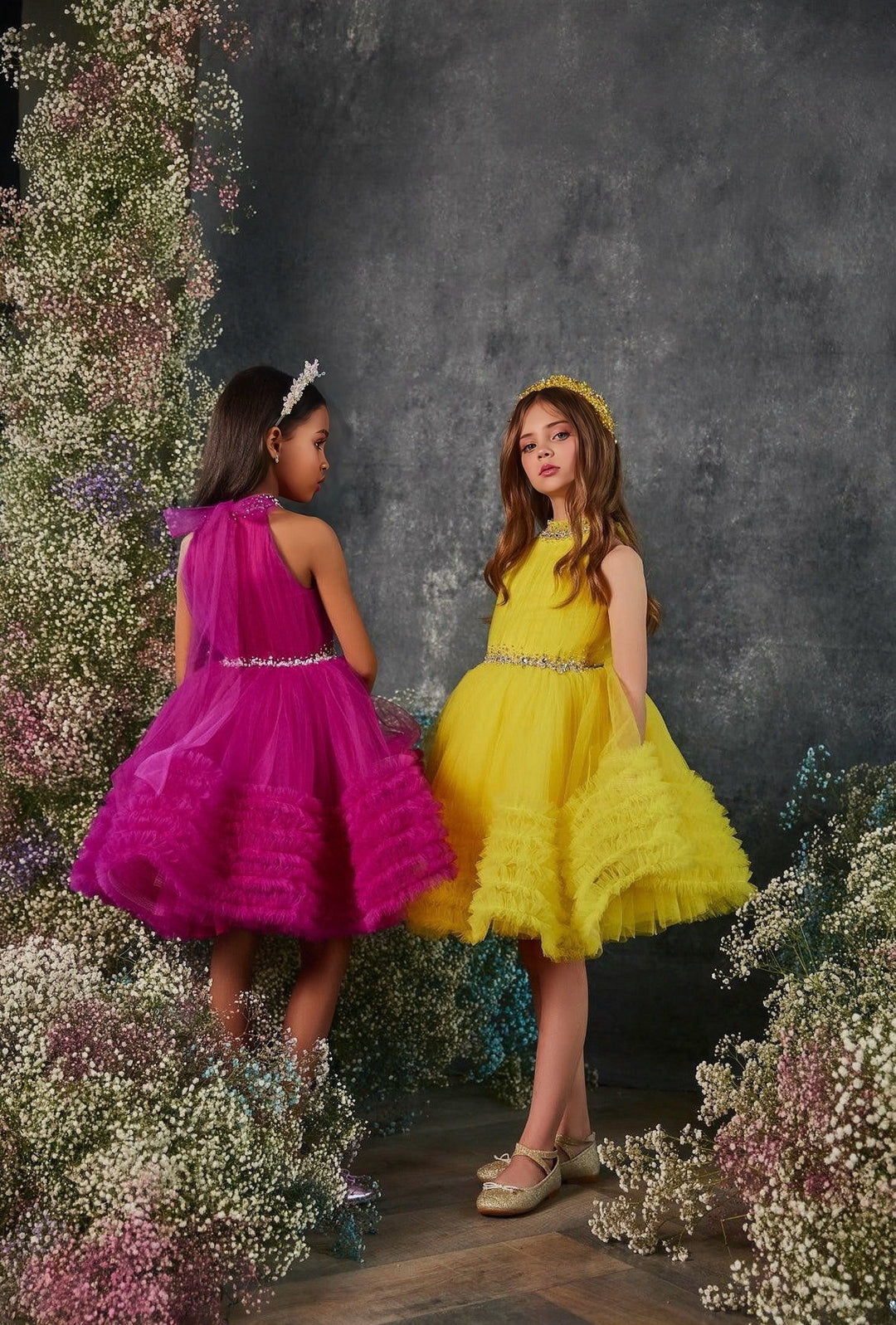 3m / Fushia Sunnypetal High Neck Sleeveless Soft Fluffy Ruffles Tulle Flower Girl Dresses